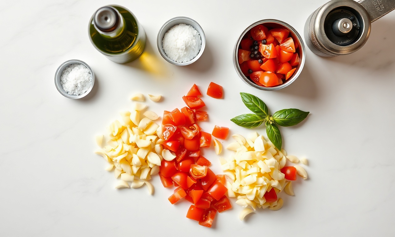 Vista de cima dos ingredientes organizados na bancada