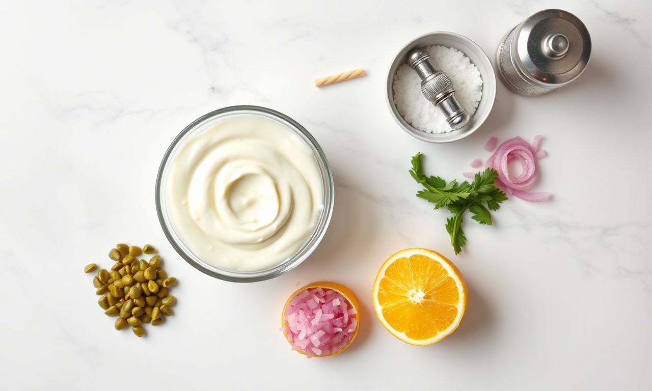 Vista de cima dos ingredientes para molho tártaro organizados