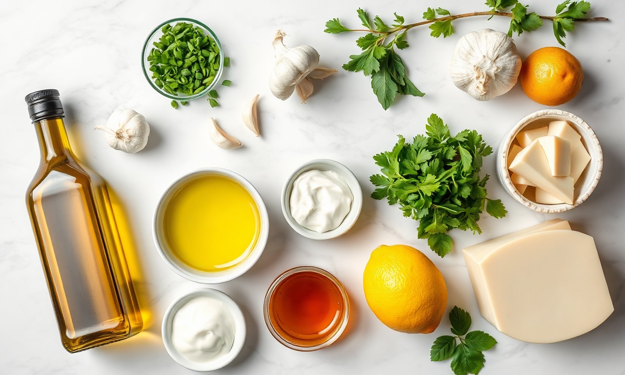 Vista de cima dos ingredientes para os cinco molhos organizados em tigelas e potes.