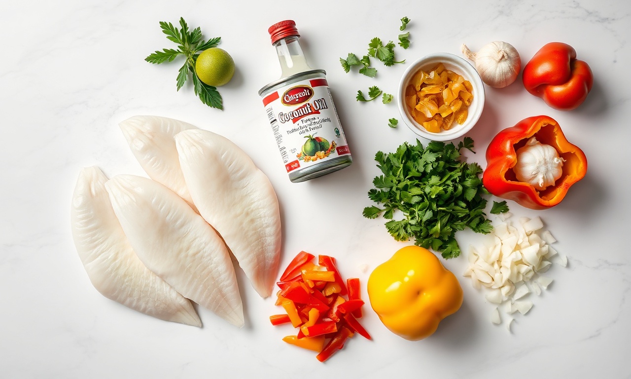 Moqueca De Panga Cremosa Em 40 Min (Fogo Baixo) 4 Vista de cima dos ingredientes frescos e organizados para a receita.