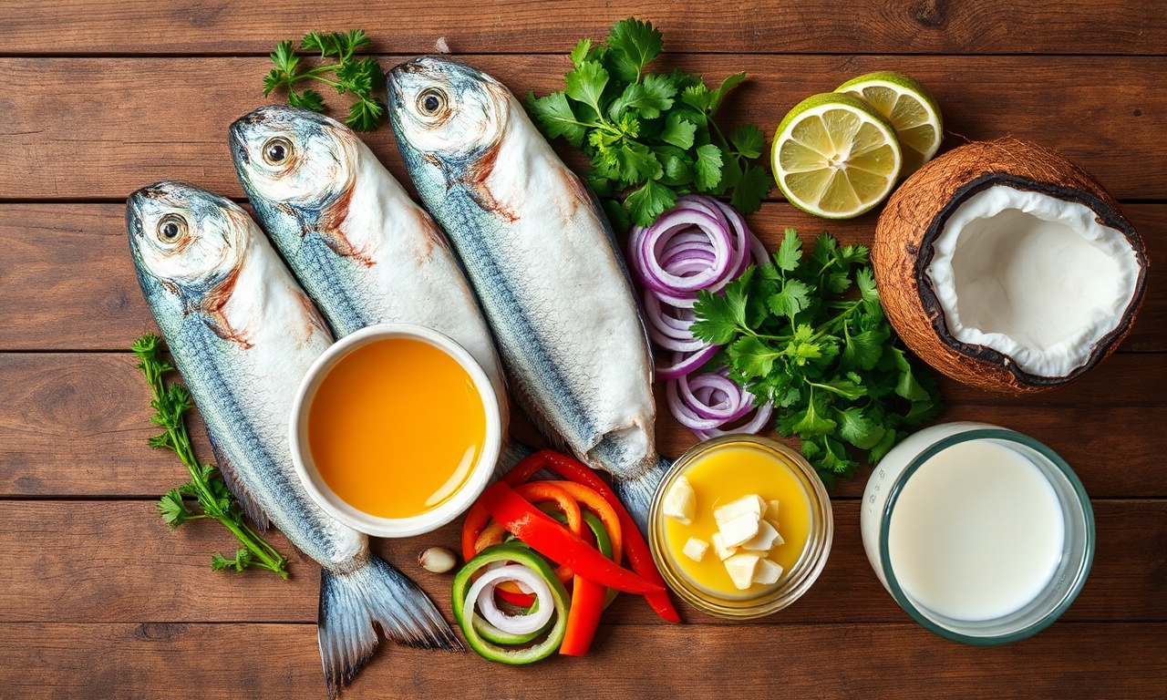 Vista de cima dos ingredientes frescos e organizados para a receita.