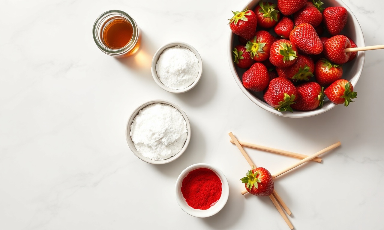 Vista de cima dos ingredientes organizados: morangos, açúcar, glucose e corante.