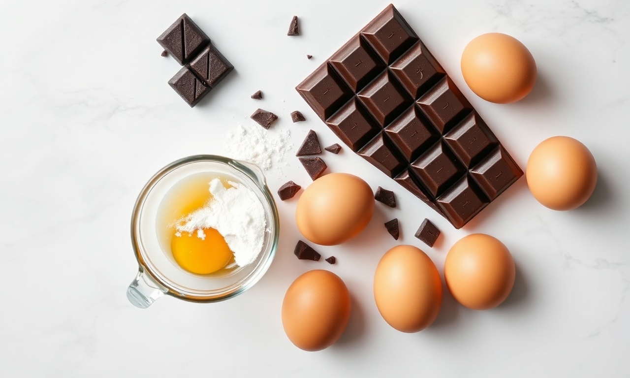 Vista de cima dos 4 ingredientes organizados: chocolate meio amargo, ovos, gelatina e água