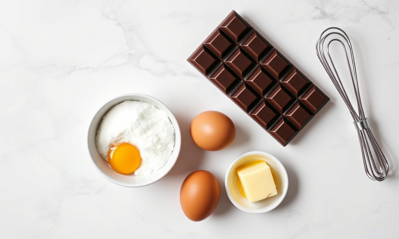 Vista de cima dos ingredientes simples e organizados: ovos, chocolate, açúcar e manteiga.