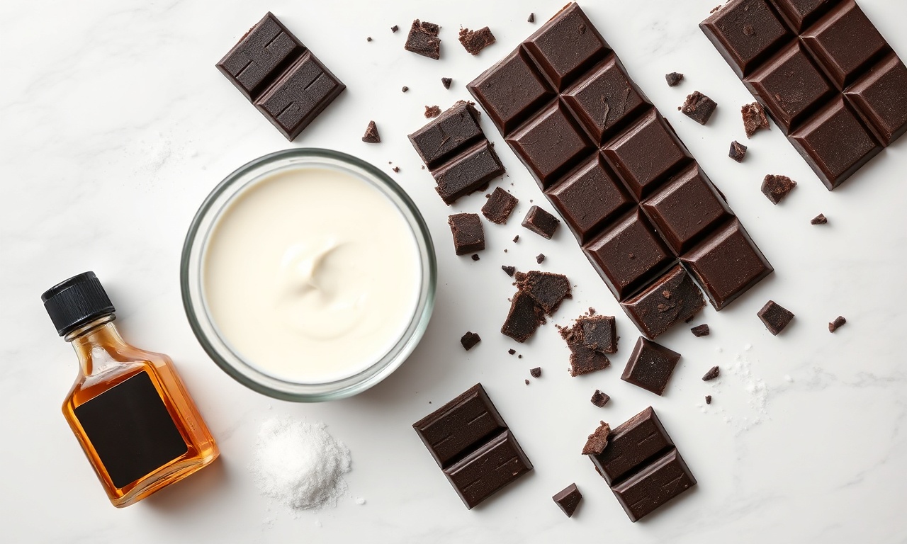 Vista de cima dos cinco ingredientes organizados: chocolate meio amargo, creme de leite fresco, açúcar, baunilha e sal.