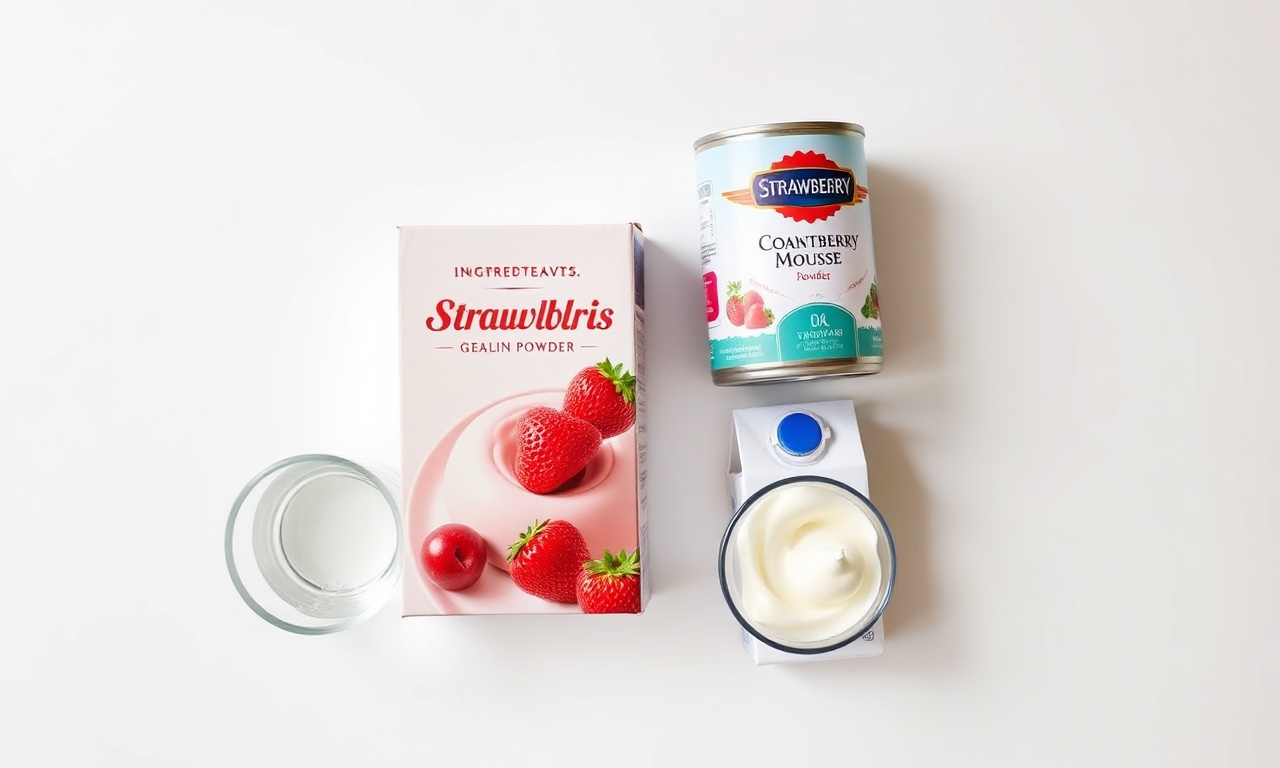 Vista de cima com os quatro ingredientes: gelatina em pó, leite condensado, creme de leite e água.