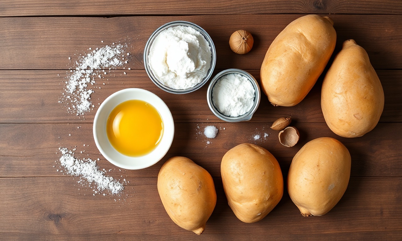 Vista de cima dos 5 ingredientes organizados sobre superfície de madeira.