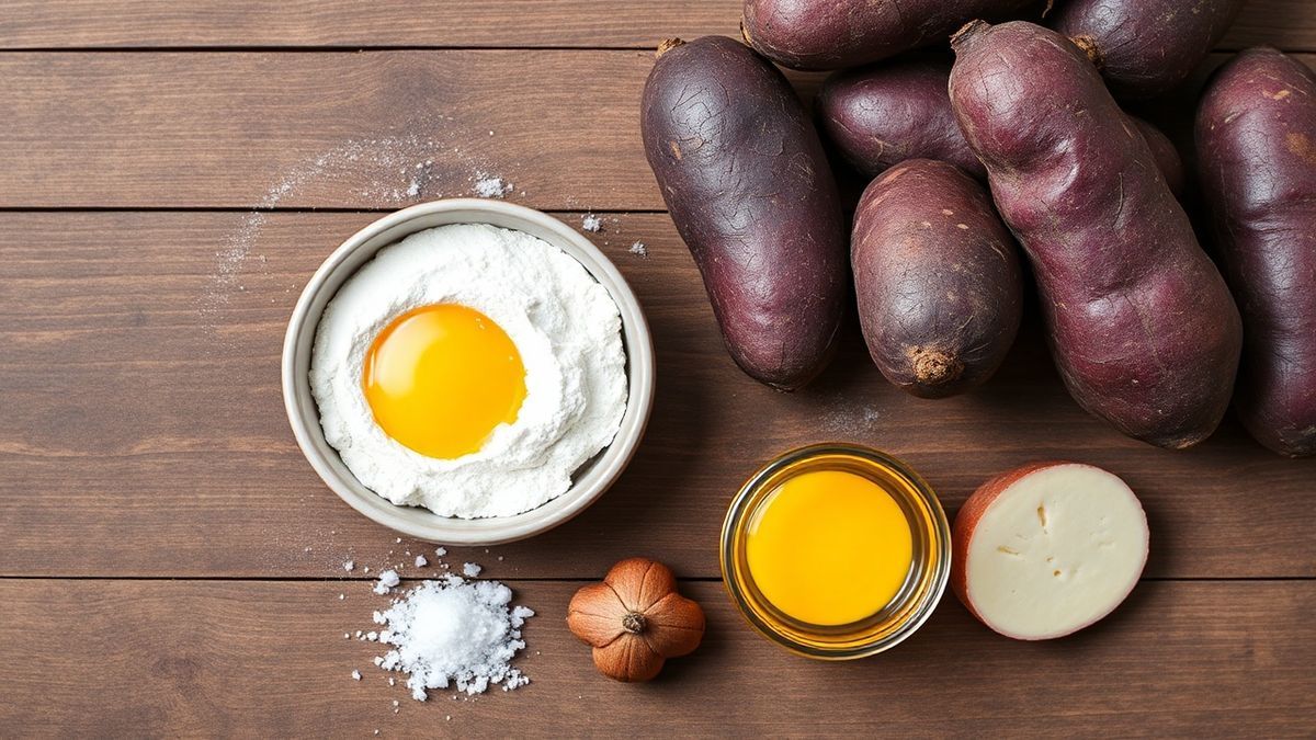 Vista de cima dos ingredientes organizados na bancada