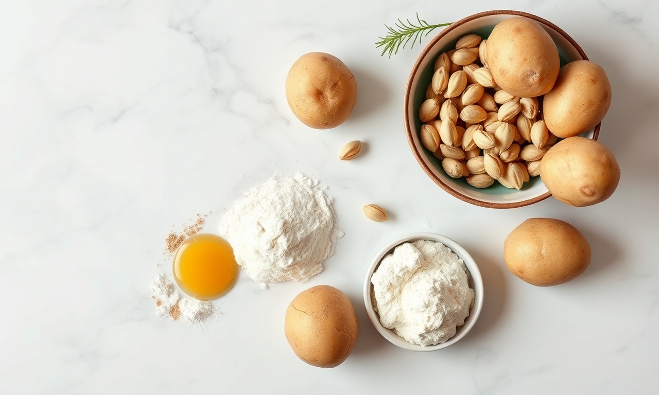 Vista de cima dos ingredientes crus: batatas, pinhão, ovo e farinha.
