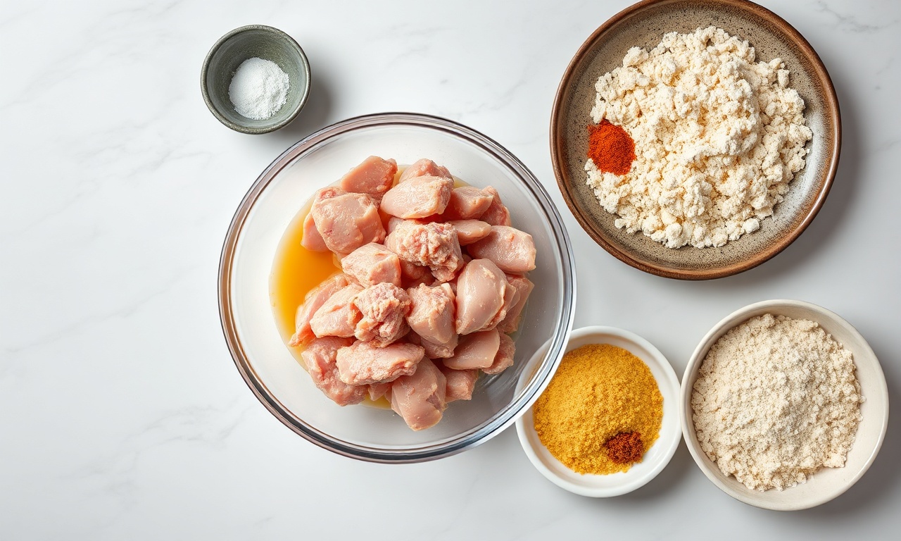 Vista de cima dos ingredientes crus organizados em tigelas e pratos.