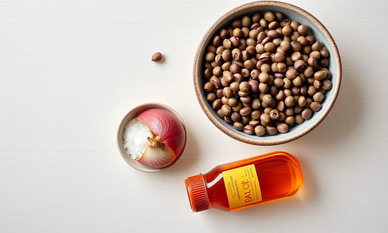 Vista de cima dos quatro ingredientes principais: feijão-fradinho seco, cebola, sal e azeite de dendê.