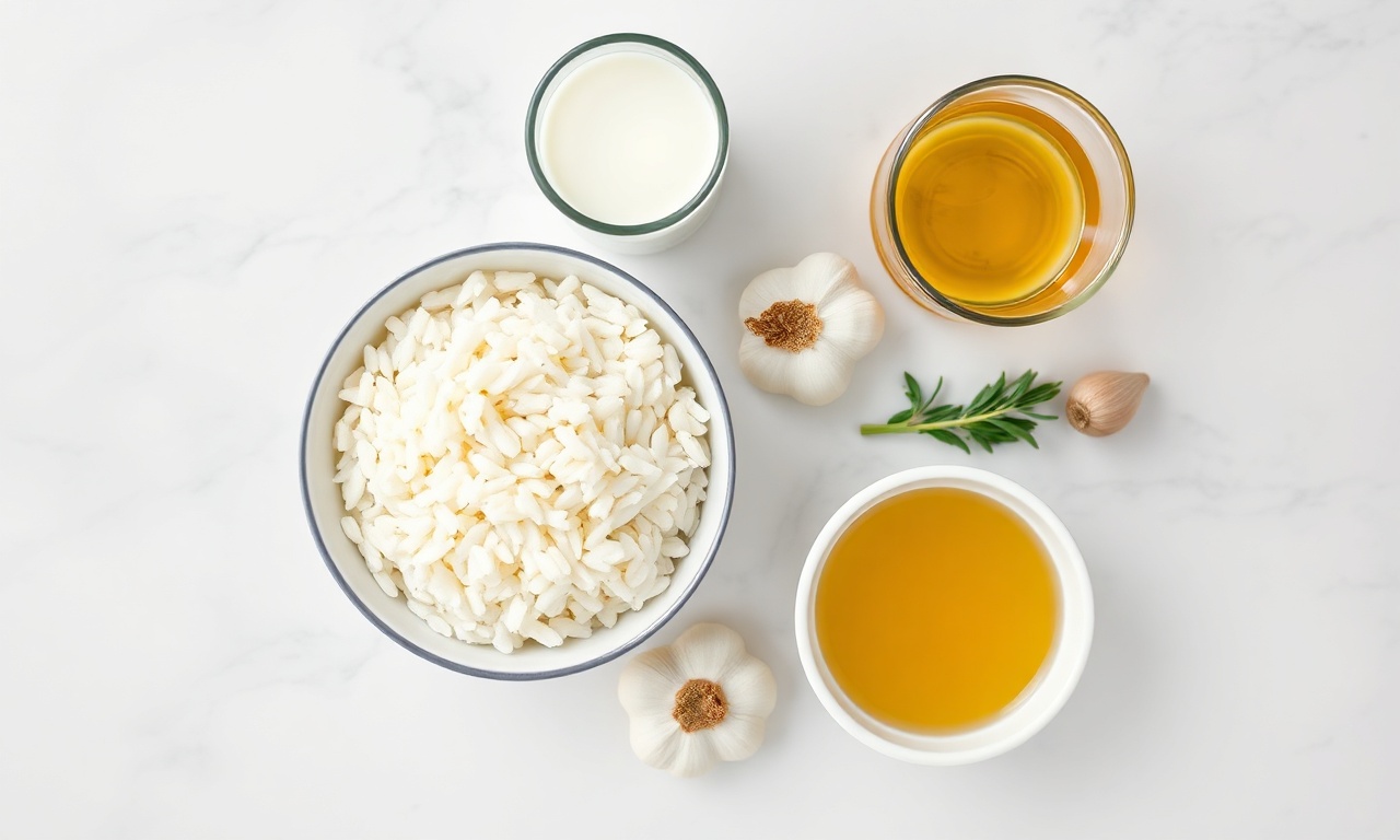 Arroz Cremoso Para Escondidinho: Fácil, Com 6 Ingredientes 4 Vista de cima dos 6 ingredientes principais organizados sobre uma superfície clara.