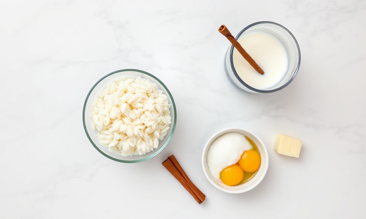 Vista de cima dos ingredientes: arroz, leite, ovos, canela e açúcar.