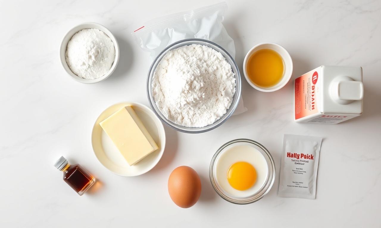 Bolo Amanteigado Macio E Fofinho: Receita Clássica Perfeita 4 Vista de cima dos ingredientes básicos organizados.
