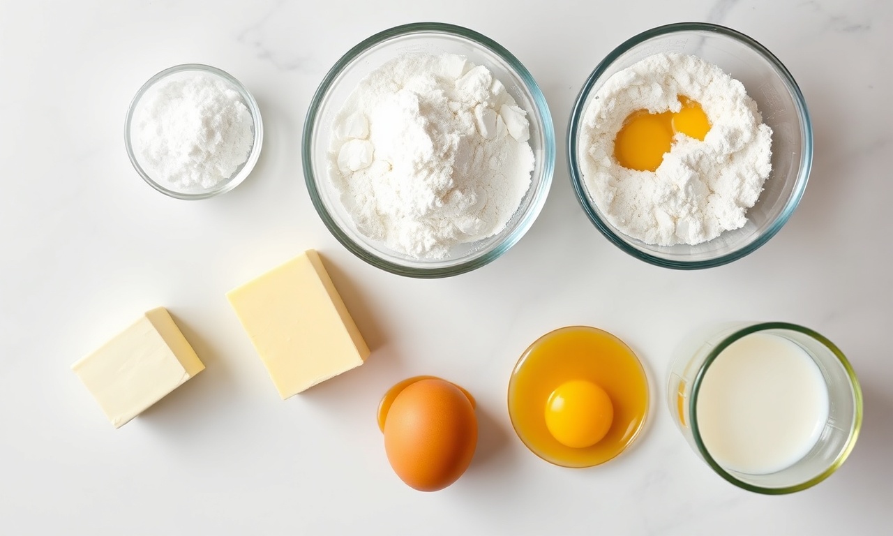 Vista de cima dos ingredientes organizados: manteiga, mel, ovos, farinha, açúcar.