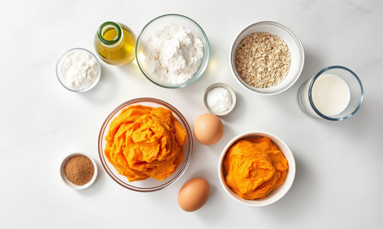Vista de cima com todos os ingredientes organizados: batata doce cozida, ovos, óleo, aveia, canela.