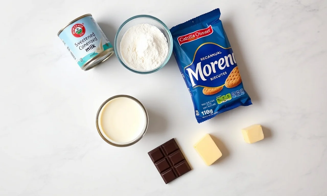 Vista de cima dos 6 ingredientes: lata de leite condensado, leite, leite em pó, pacote de biscoito maisena, barra de chocolate meio amargo e manteiga.
