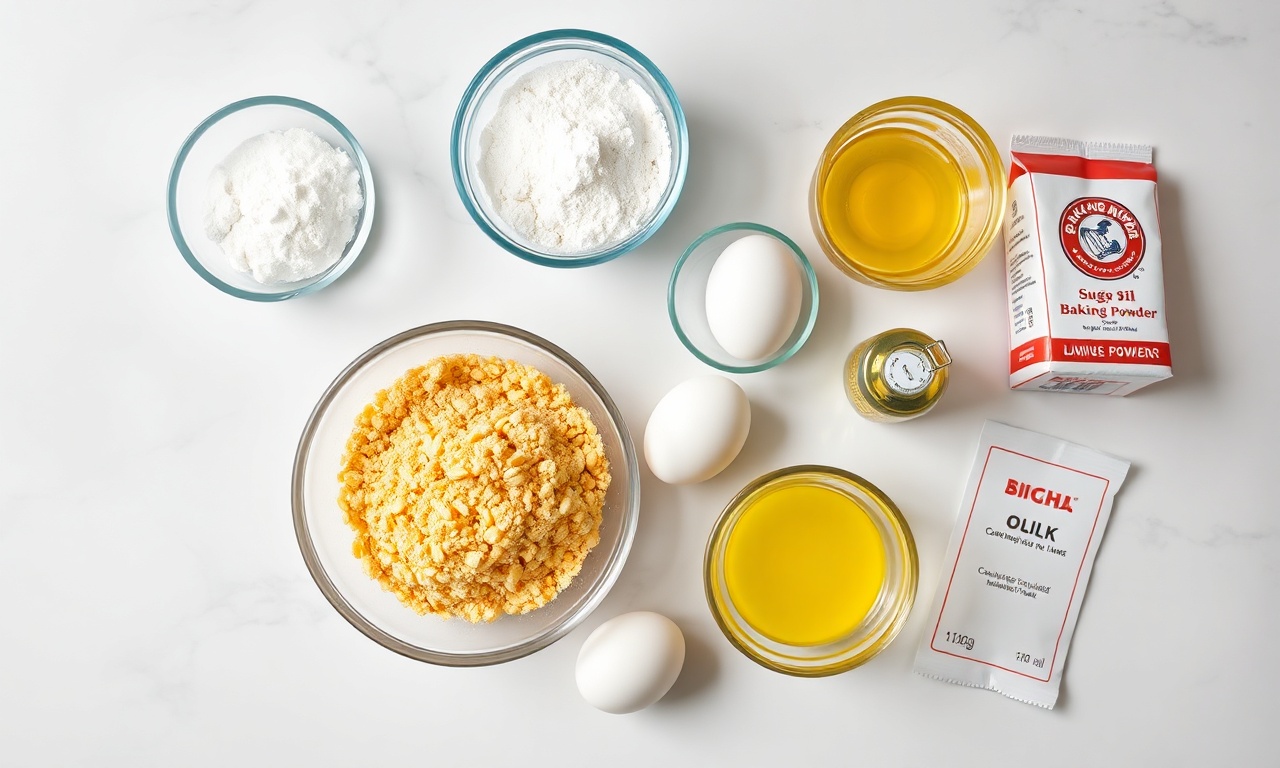 Vista de cima dos 7 ingredientes: fubá, farinha, ovos, açúcar, leite, óleo e fermento.