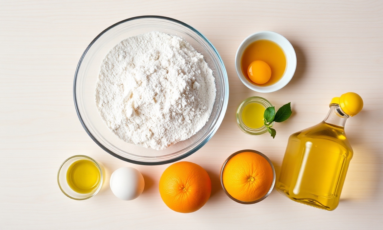 Vista de cima dos ingredientes organizados: farinha de arroz, polvilho, tâmaras, ovos, laranja e óleo.