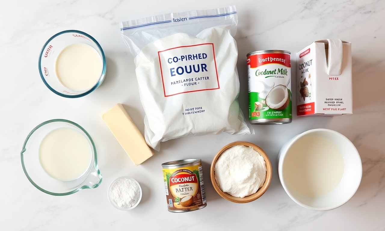 Vista de cima dos ingredientes organizados: ovos, farinha, leite, manteiga, leite condensado e leite de coco.