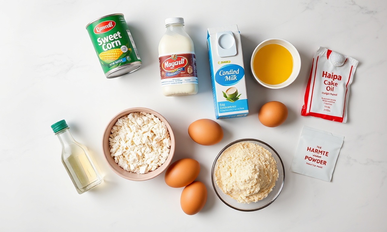 Bolo De Milho De Liquidificador: Fofinho Com 7 Ingredientes 4 Vista de cima dos sete ingredientes simples e frescos para a receita.