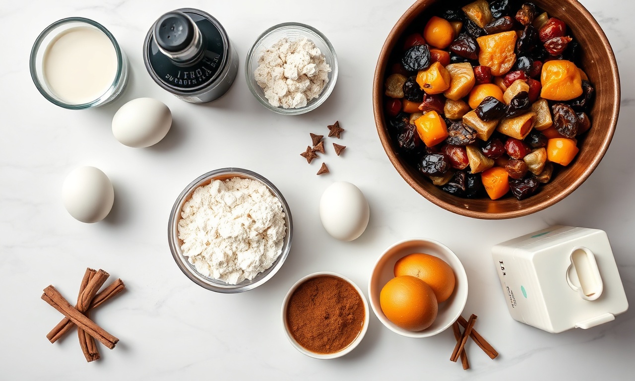 Vista de cima dos ingredientes organizados: farinha, ovos, frutas secas, rum e especiarias.