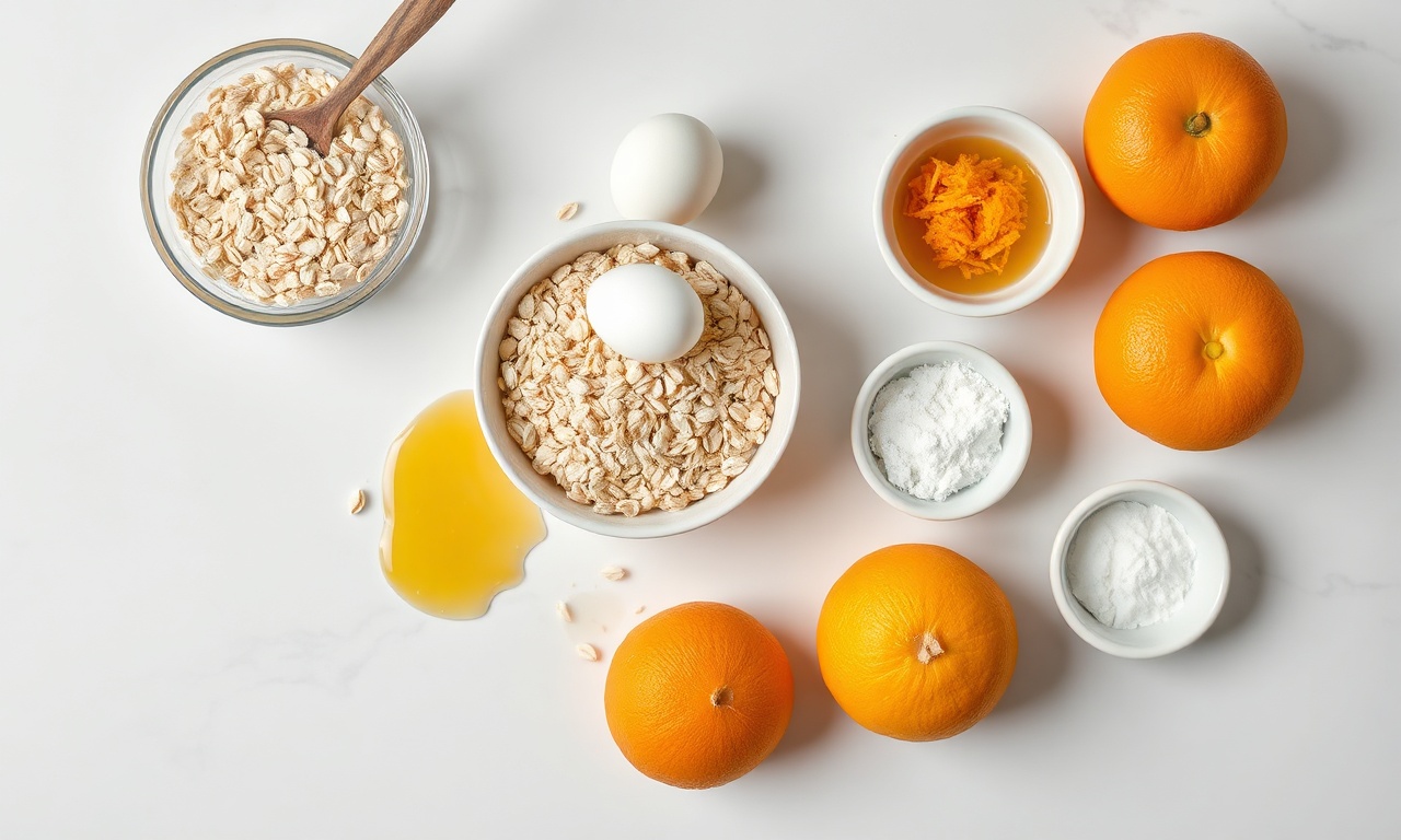 Vista de cima dos 8 ingredientes: aveia, mel, ovos, laranja, fermentos e sal.