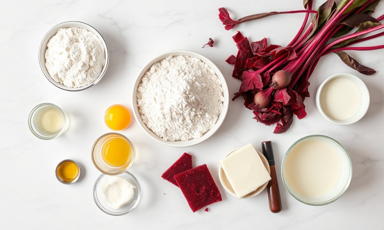 Vista de cima dos ingredientes organizados em uma superfície de mármore.
