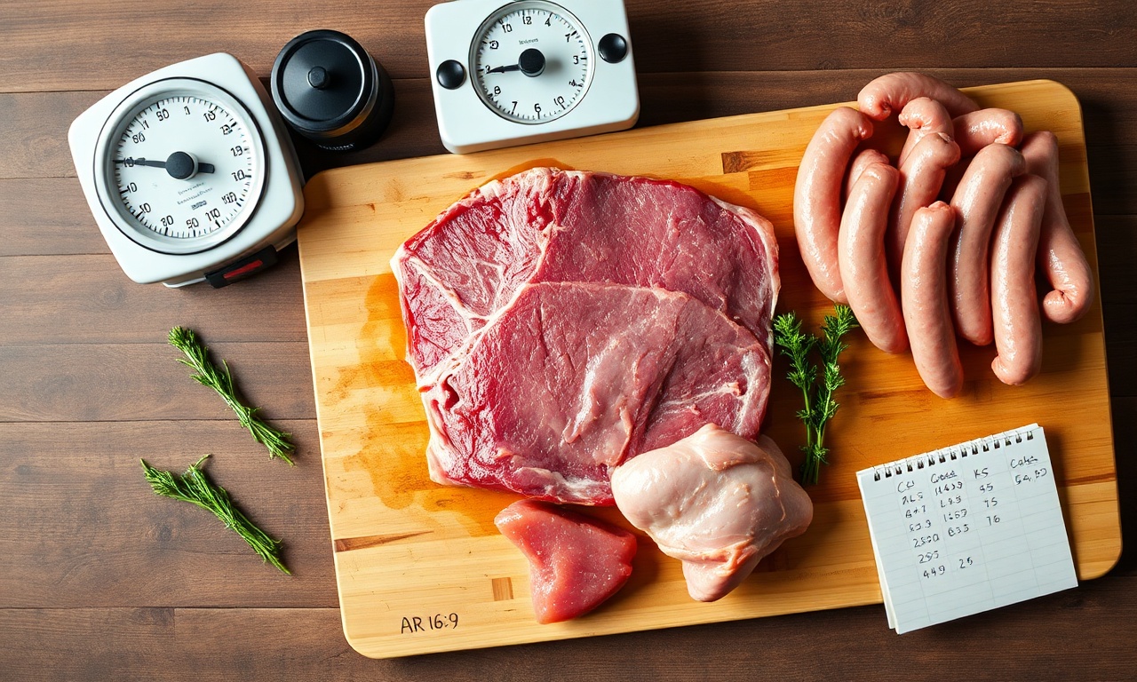 Vista de cima com diferentes cortes de carne crus e uma balança de cozinha.