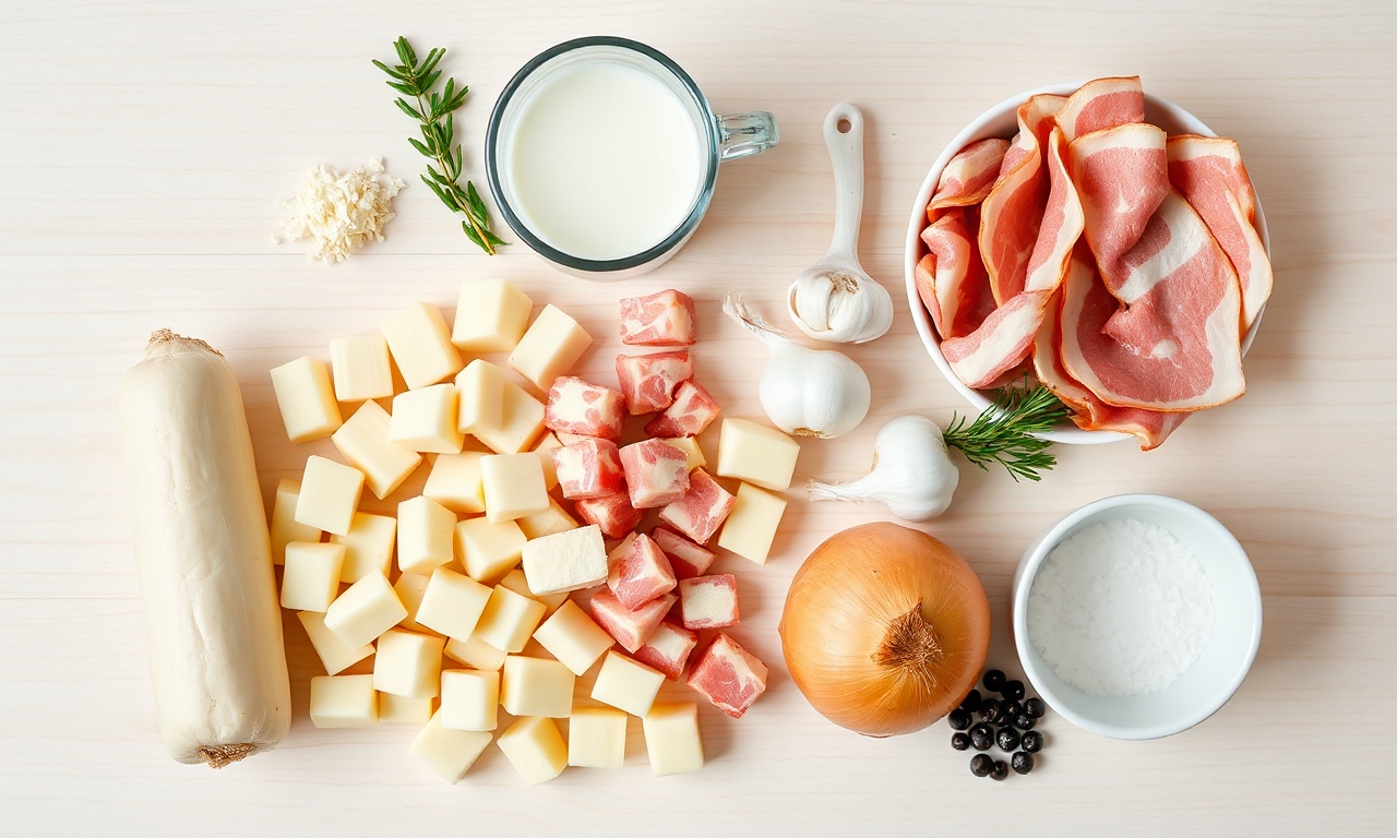 Vista de cima dos ingredientes crus e frescos organizados na bancada.