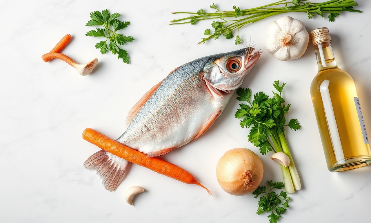 Caldo De Peixe Para Risoto: Fácil E Perfeito Em 40 Minutos 4 Vista de cima dos ingredientes frescos e crus, prontos para o preparo.