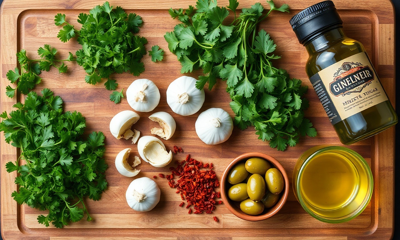 Chimichurri Tradicional Argentino: Rústico E Pronto Em 10 Min 4 Vista de cima dos ingredientes frescos e condimentos organizados.