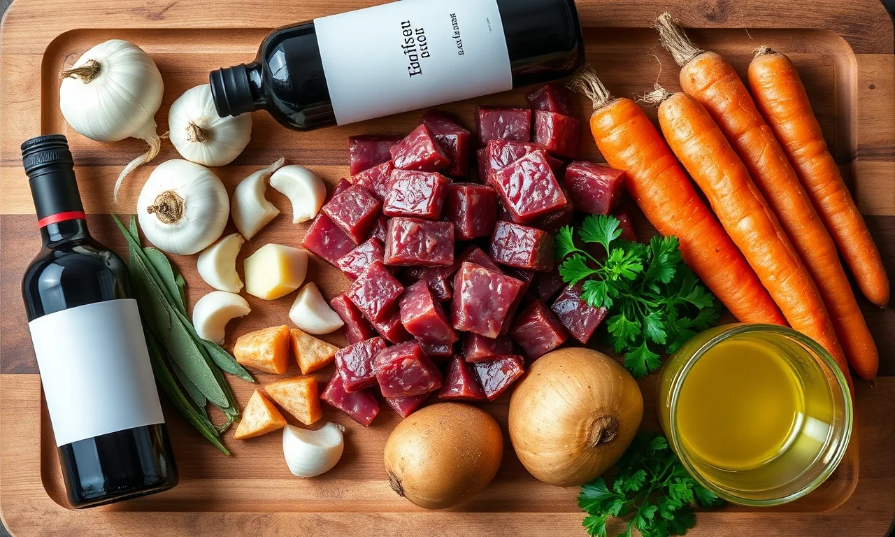 Vista de cima dos ingredientes frescos e crus, organizados sobre uma superfície de madeira.