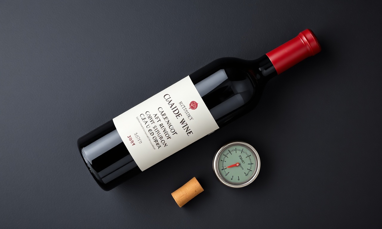 Envelhecimento Do Vinho: Como Evoluir Garrafas Na Adega 4 Vista de cima dos elementos essenciais para o guarda: uma garrafa de Cabernet Sauvignon, um termômetro, um higrômetro e uma rolha natural.