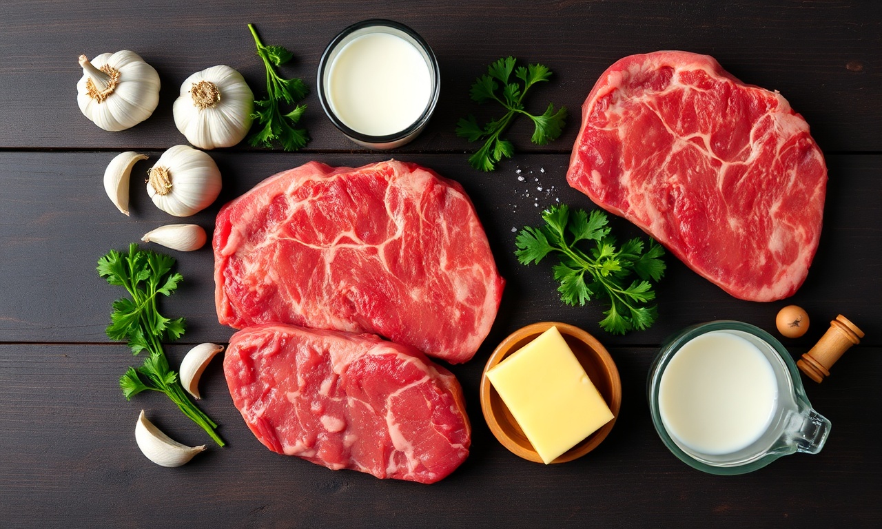 Vista superior dos ingredientes nobres e simples: a carne, as batatas e os dentes de alho.