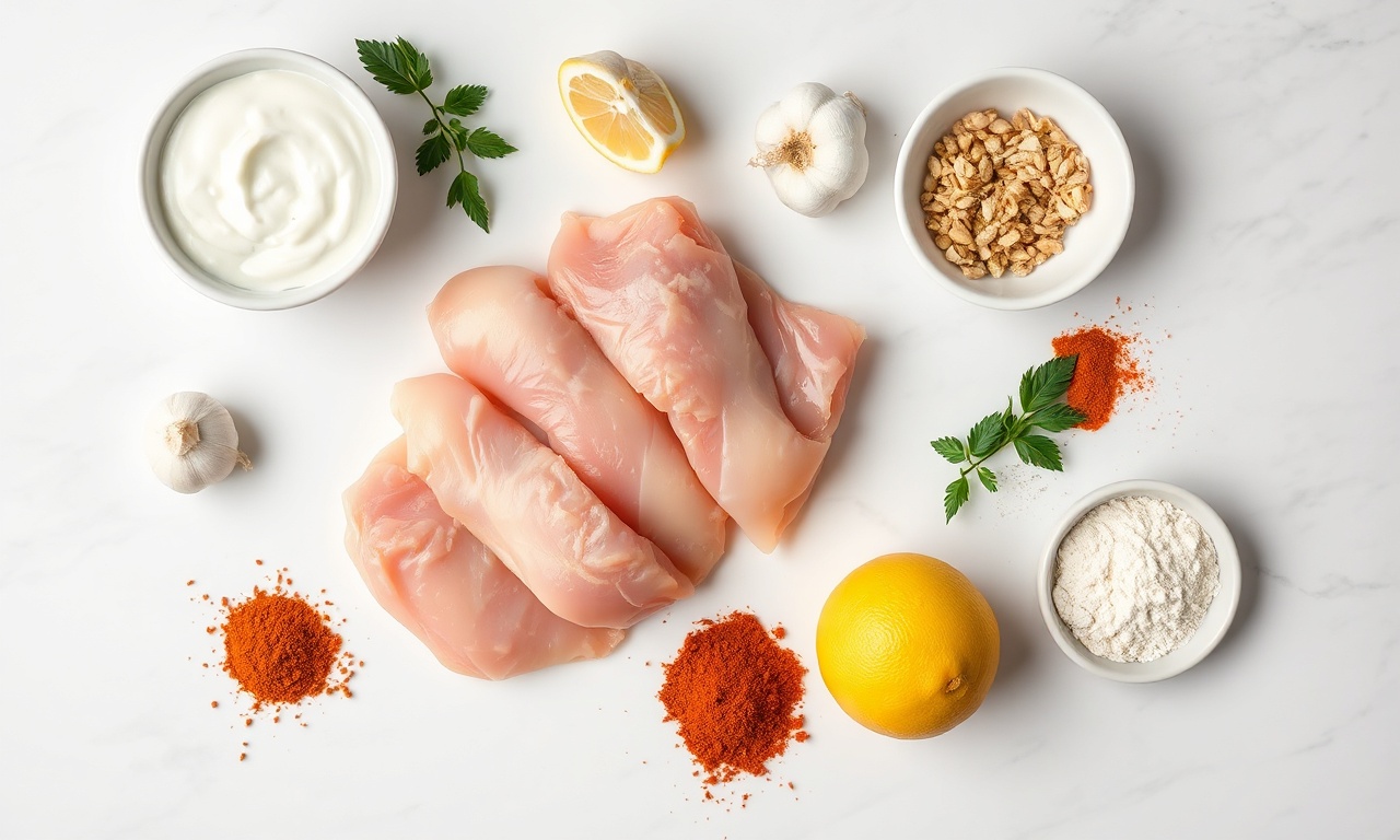 Vista de cima dos ingredientes frescos e temperos organizados.