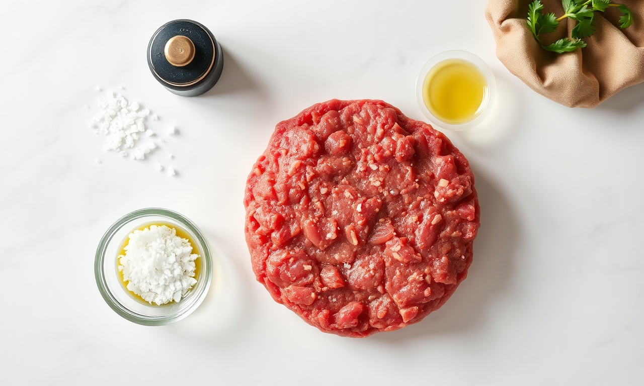 Vista de cima dos ingredientes crus e simples: carne moída, sal grosso, pimenta e azeite.