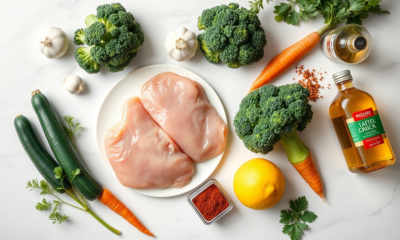 Vista de cima dos ingredientes frescos e crus organizados sobre uma superfície de mármore.
