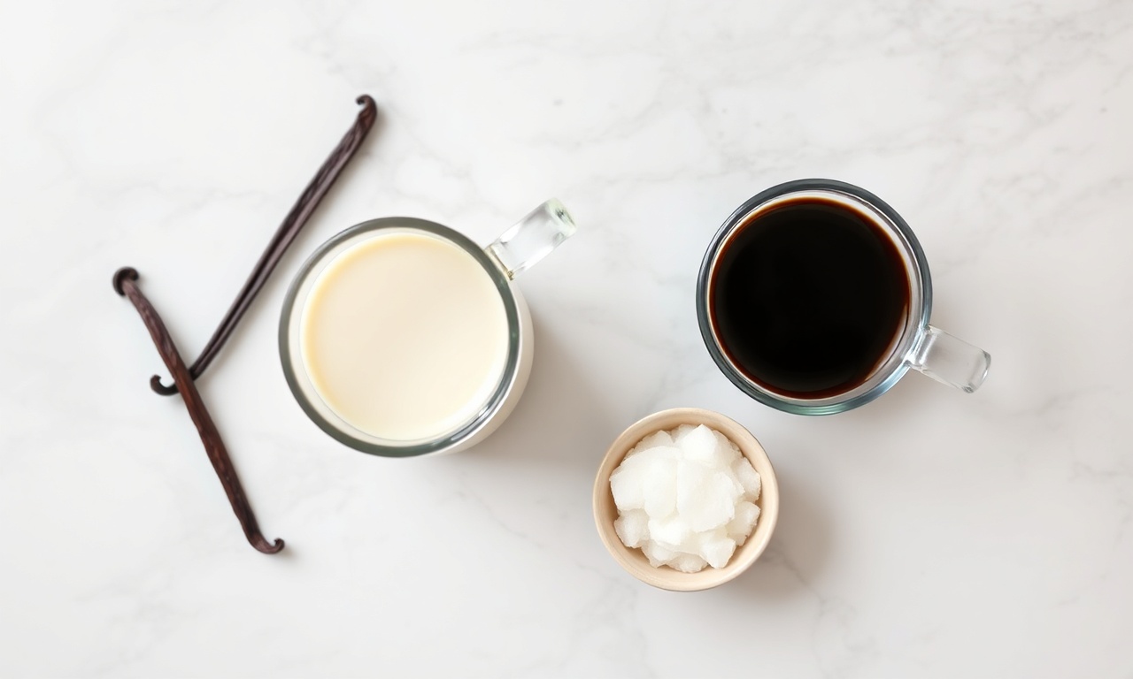 Vista de cima dos quatro ingredientes: vagem de baunilha, leite integral, café espresso e açúcar.