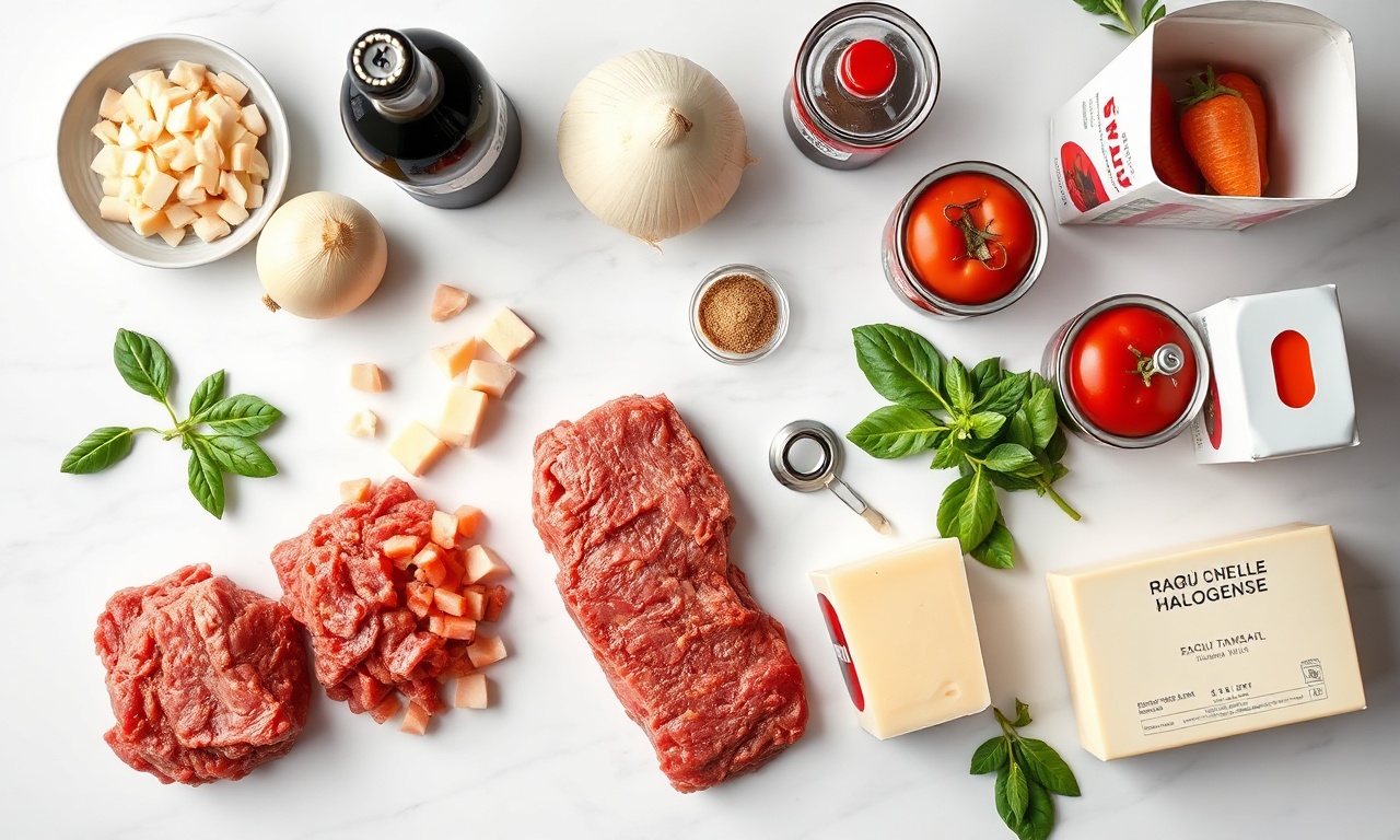 Macarrão À Bolonhesa Tradicional: Molho Encorpado E Autêntico 4 Vista de cima dos ingredientes organizados para a receita.