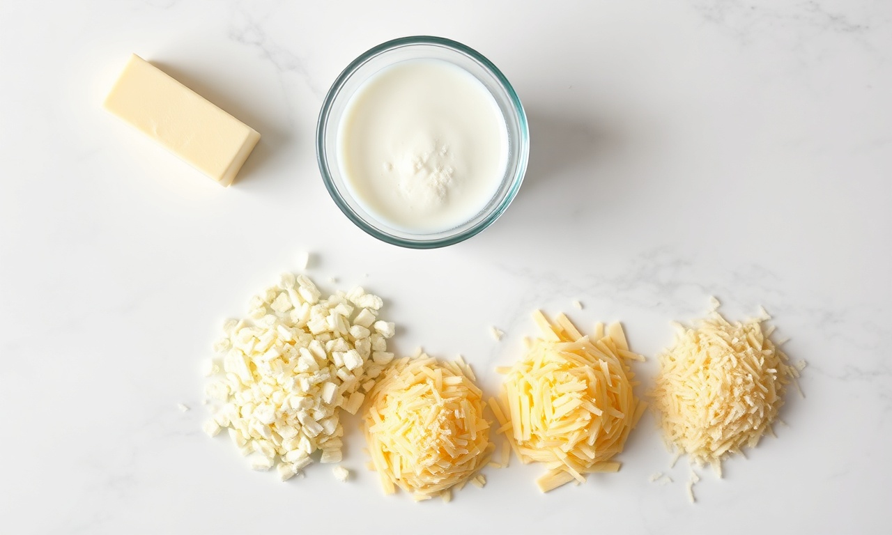 Ingredientes frescos e organizados sobre uma superfície de mármore branco.