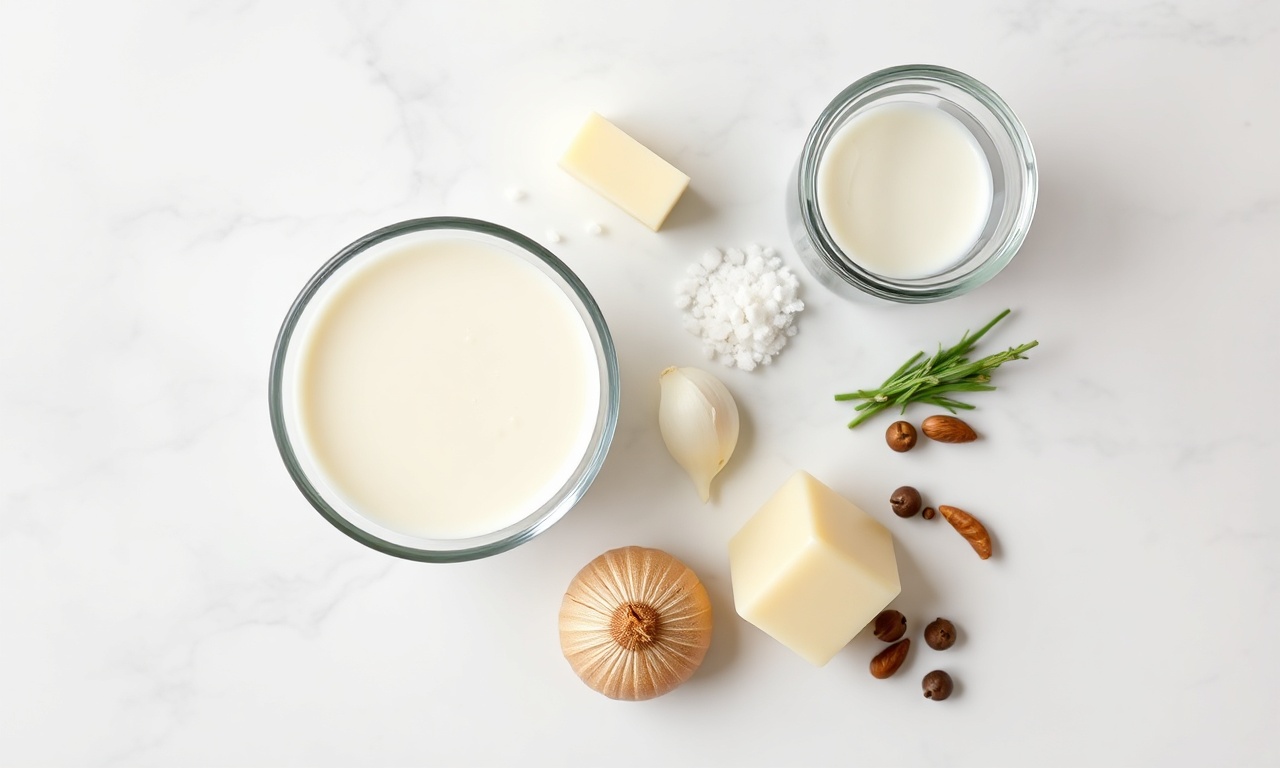 Vista de cima dos ingredientes: manteiga, cebola, alho, Maizena, leite, sal, pimenta e noz-moscada.