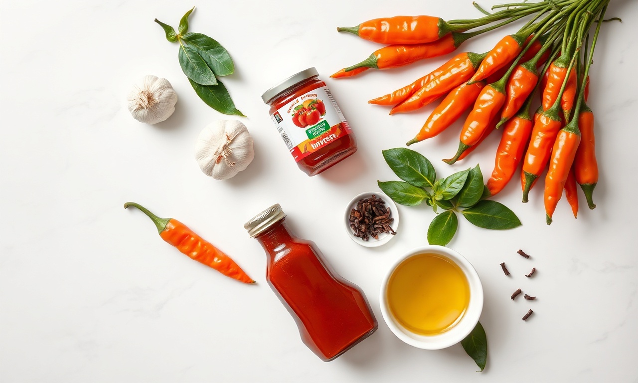 Vista de cima dos ingredientes frescos e especiarias organizados para a receita.