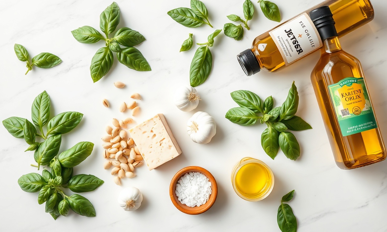 Vista de cima dos ingredientes frescos e autênticos para o pesto.