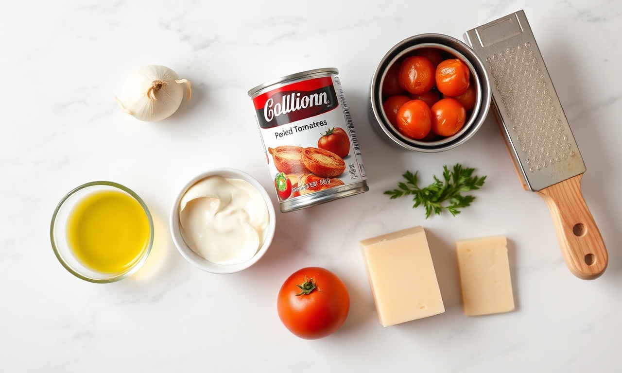 Molho Rosé Cremoso Em 5 Minutos: Receita Fácil E Rápida 4 Os 5 ingredientes simples do molho organizados sobre uma superfície de mármore.