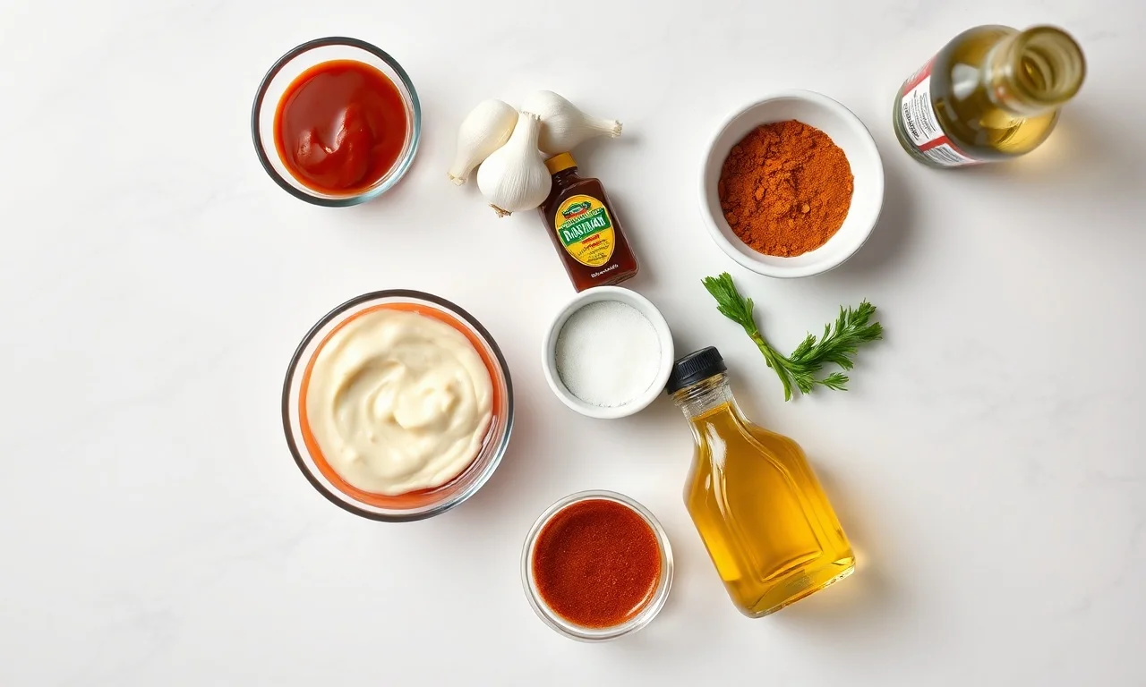 Vista de cima dos sete ingredientes necessários para a receita.