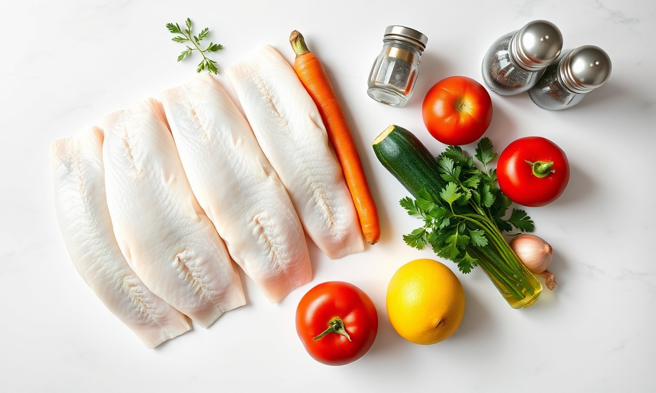 Vista de cima dos ingredientes crus e frescos organizados sobre uma superfície clara.