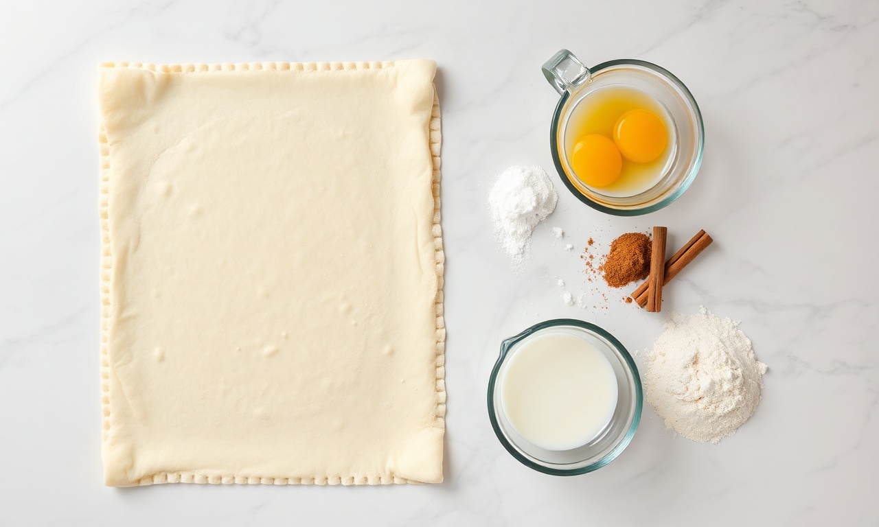 Vista de cima dos ingredientes medidos e organizados: massa folhada, gemas, leite, açúcar, farinha e canela.