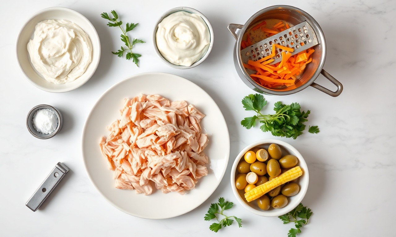 Vista de cima dos ingredientes organizados em superfície clara.