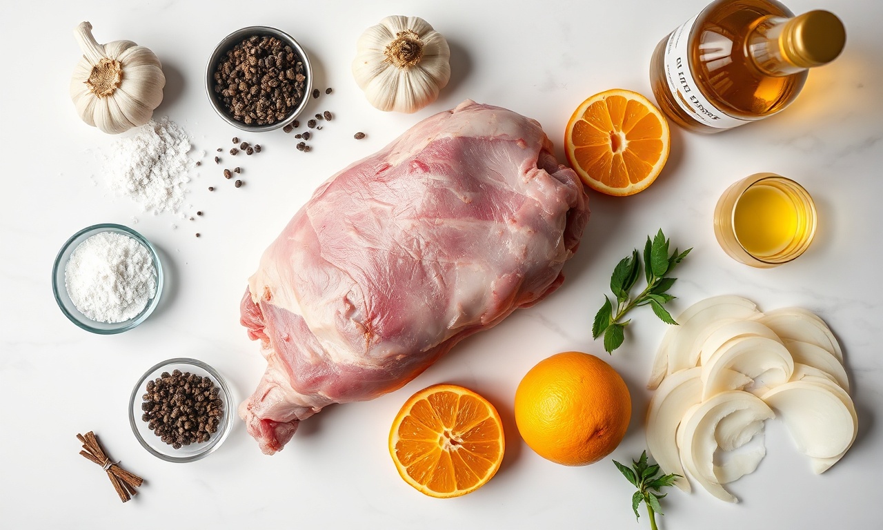 Vista de cima dos ingredientes frescos e temperos organizados para a receita.